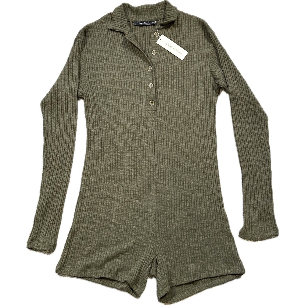 Doe & Rae Ribbed Long Sleeve Button Front Romper M Olive Green Collared Lounge